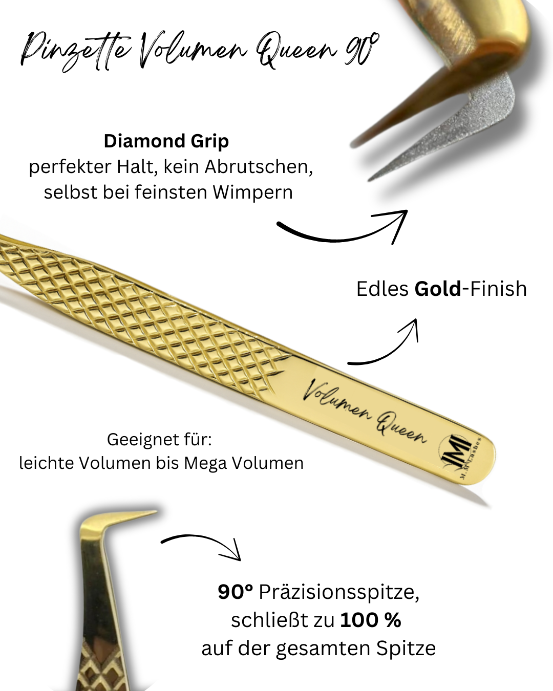 Pinzette | Volumen Queen 90° | Diamond Grip | Gold